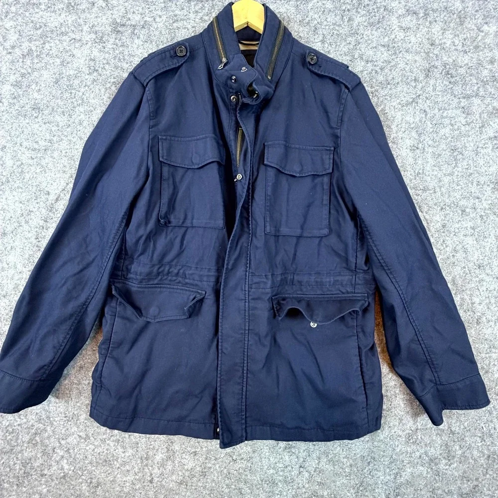Banana Republic Field Jacket Mens L Blue Water Repellent Outerwear Hidden Hood